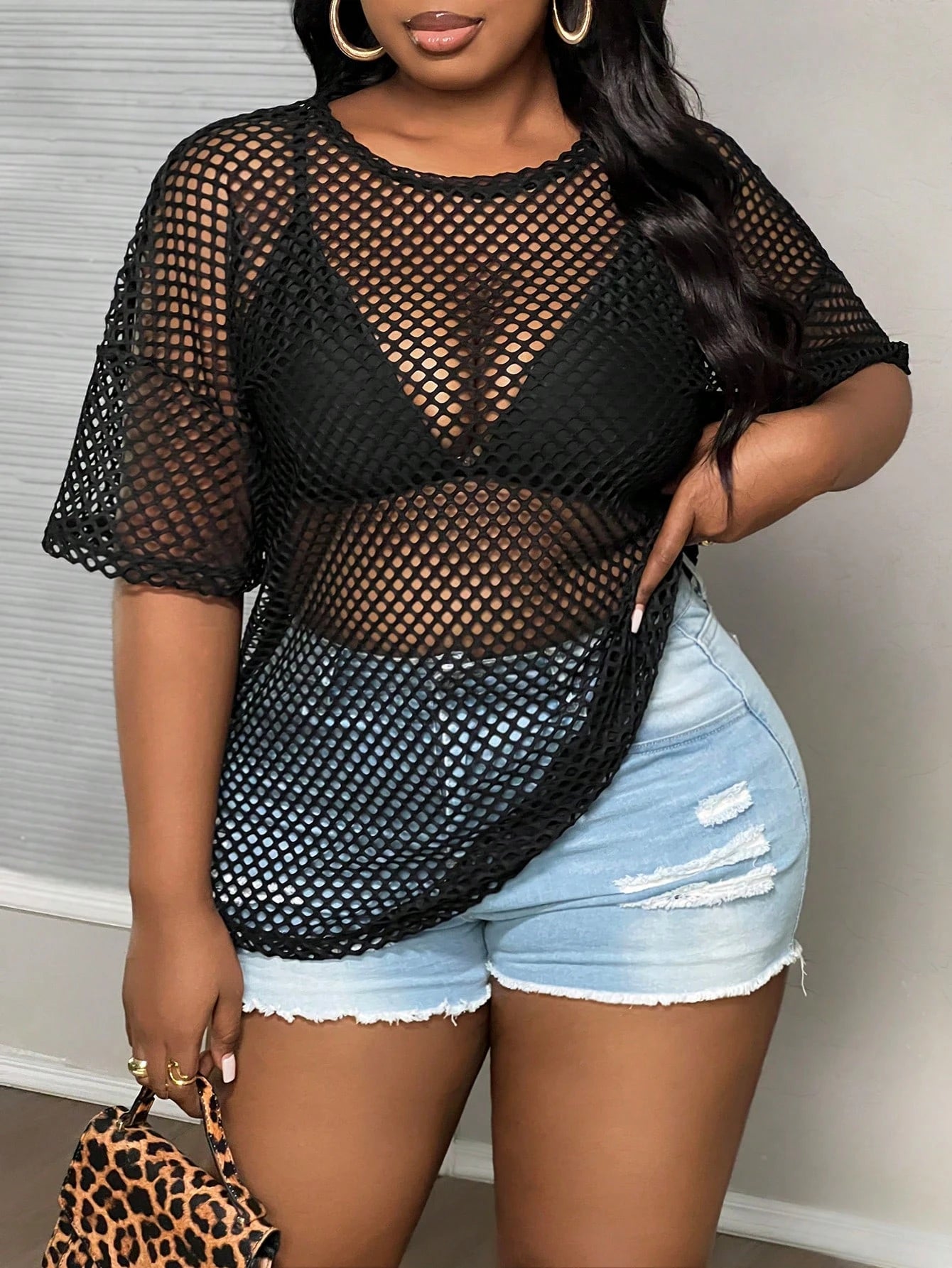 Slaydiva Plus Size Casual Sexy Streetwear Black See-Through Loose Half Sleeve Round Neck Regular T-Shirt, Summer Date Night Cocktail