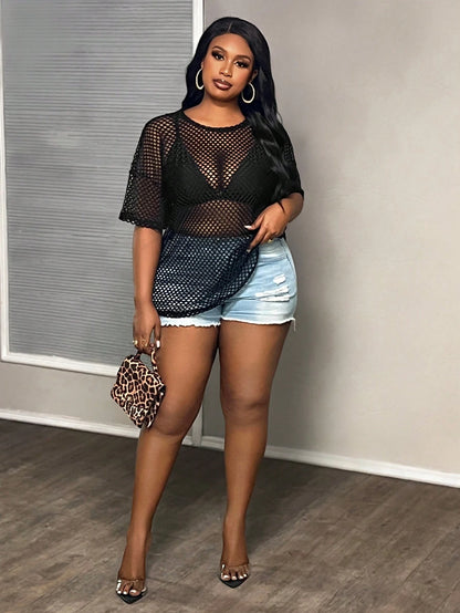 Slaydiva Plus Size Casual Sexy Streetwear Black See-Through Loose Half Sleeve Round Neck Regular T-Shirt, Summer Date Night Cocktail