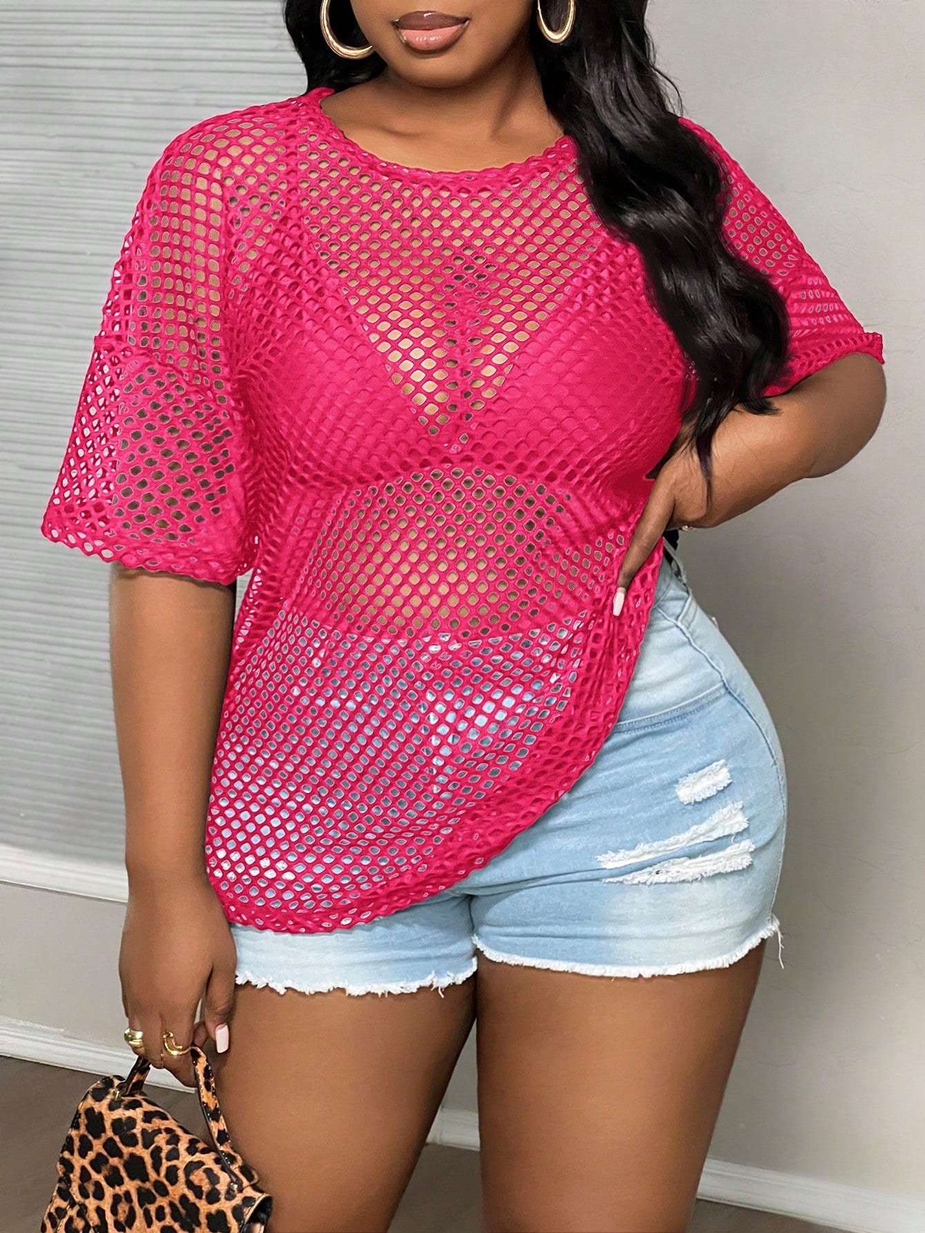Slaydiva Plus Size Casual Sexy Streetwear Black See-Through Loose Half Sleeve Round Neck Regular T-Shirt, Summer Date Night Cocktail