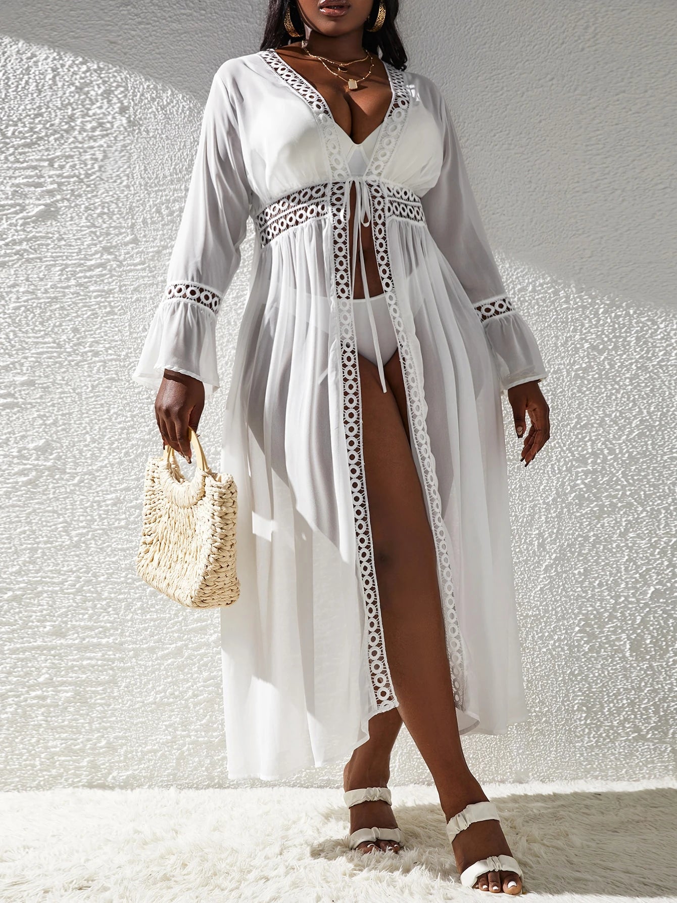 Slaydiva Plus Size Guipure Lace Panel Flounce Sleeve Chiffon Kimono Summer
