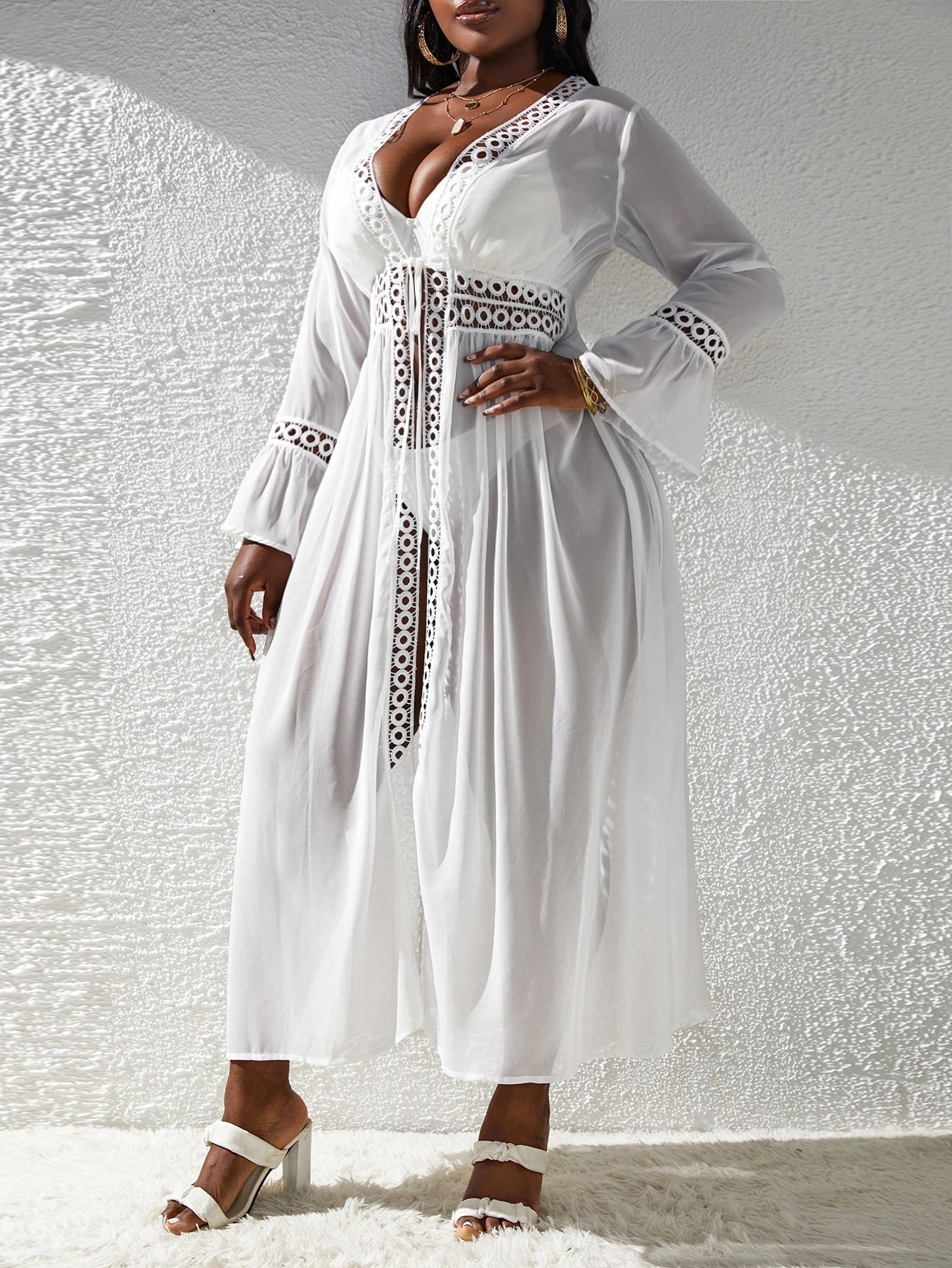 Slaydiva Plus Size Guipure Lace Panel Flounce Sleeve Chiffon Kimono Summer