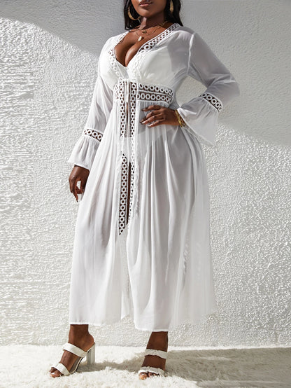 Slaydiva Plus Size Guipure Lace Panel Flounce Sleeve Chiffon Kimono Summer