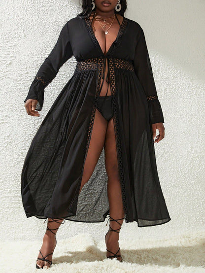 Slaydiva Plus Size Guipure Lace Panel Flounce Sleeve Chiffon Kimono Summer
