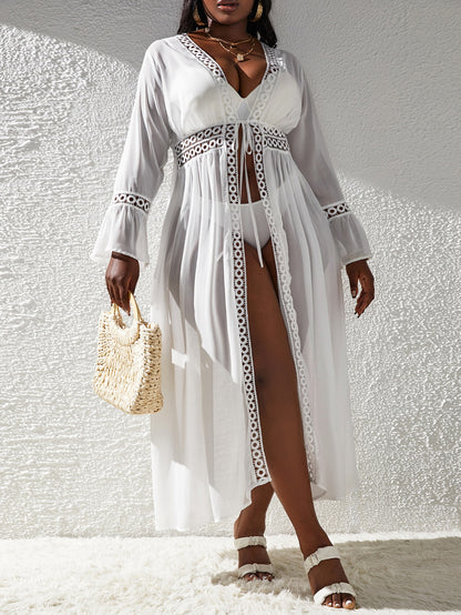 Slaydiva Plus Size Guipure Lace Panel Flounce Sleeve Chiffon Kimono Summer
