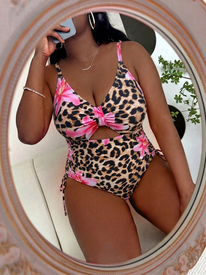 Slaydiva Plus Size Leopard & Floral Print One-Piece Swimsuit