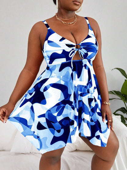 Slaydiva Plus Size Summer Beach Printed Hollow Out Ruched Front Tankini Set