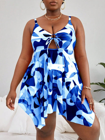 Slaydiva Plus Size Summer Beach Printed Hollow Out Ruched Front Tankini Set