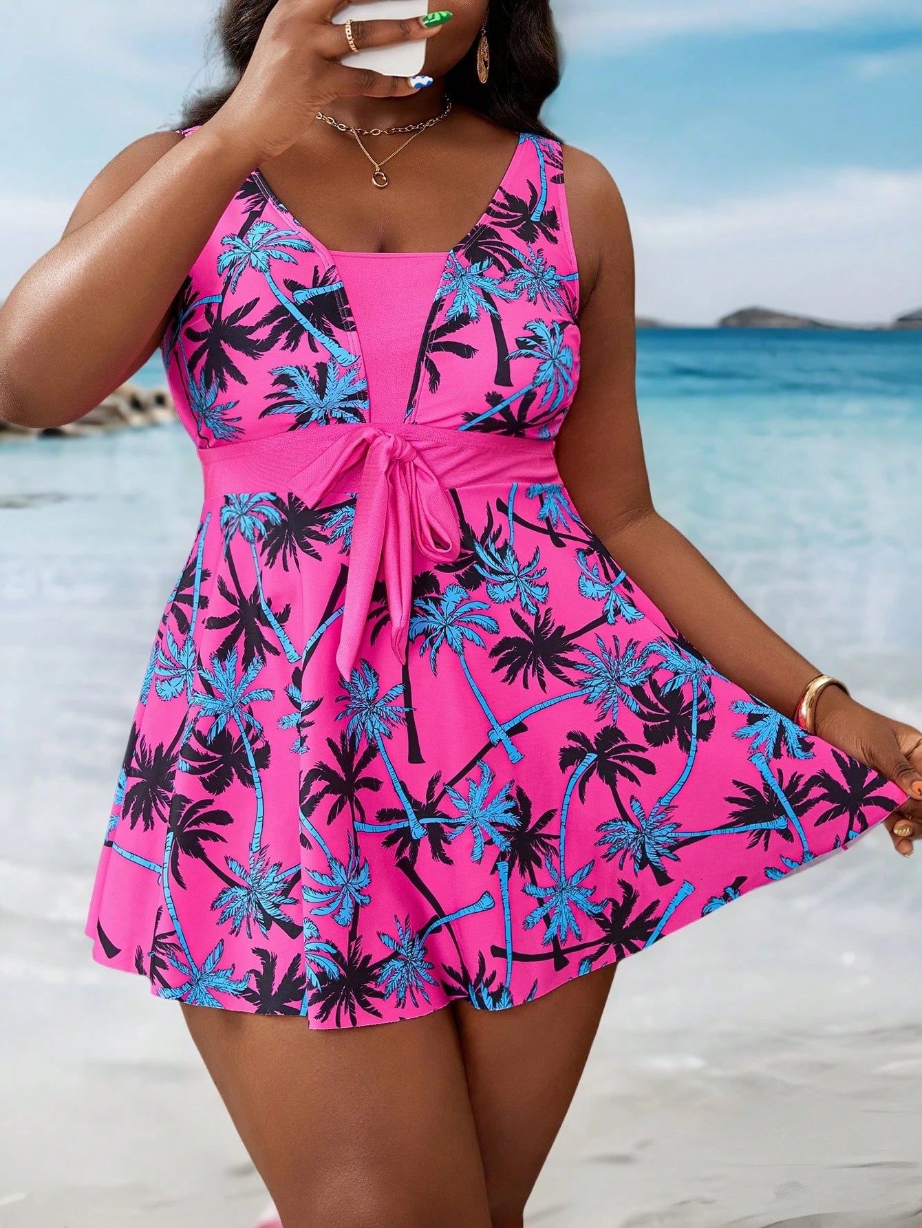 Slaydiva Plus Size Women 2 Pieces Swimwear Set: Coconut Tree Print Tankini Top, Solid Color Shorts Bottom, Slimming And Flattering For Summer Beach Vacation