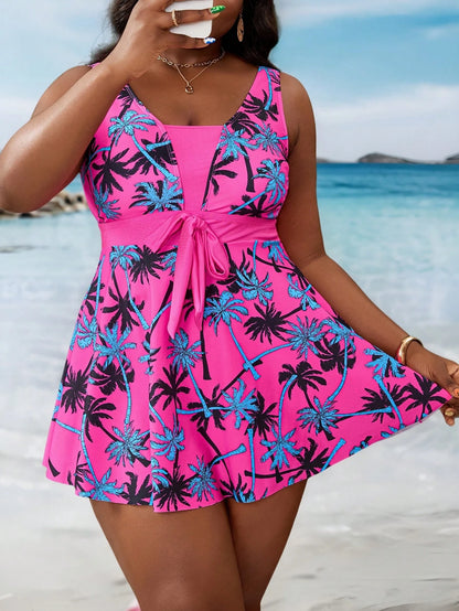 Slaydiva Plus Size Women 2 Pieces Swimwear Set: Coconut Tree Print Tankini Top, Solid Color Shorts Bottom, Slimming And Flattering For Summer Beach Vacation