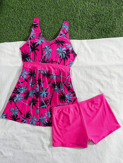 Slaydiva Plus Size Women 2 Pieces Swimwear Set: Coconut Tree Print Tankini Top, Solid Color Shorts Bottom, Slimming And Flattering For Summer Beach Vacation
