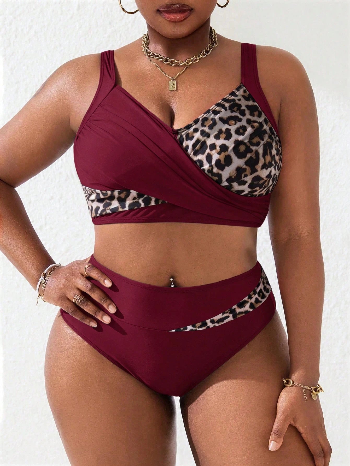 Slaydiva Plus Size Women 2pcs Black Pink Splice Ruched Tankini Swimwear Set, Summer Beach Beach Vacation Holiday Sexy