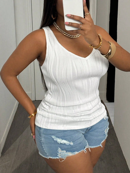 Slaydiva Plus Size Women Casual Modest Traditional Basic Camisole, Deep V-Neck And Fine Ribbed Texture, White Bussines Summer