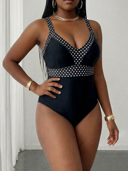 Slaydiva Plus Size Women Contrast Color Casual One Piece Swimsuit For Summer Beach Vacation