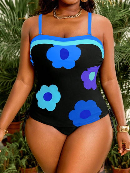 Slaydiva Plus Size Women's 2pcs Floral Print Halter Tankini Top And High Waist Ruched Bottoms Swimwear Set Summer Beach Beach Vacation Holiday Sky Blue Sexy