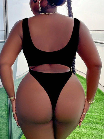 Slaydiva Plus Size Women Solid Color Black Asymmetric One Shoulder Cut-Out Waist One-Piece Swimsuit,Classy Edgy Modern Body Sculpting Summer Beach Holiday