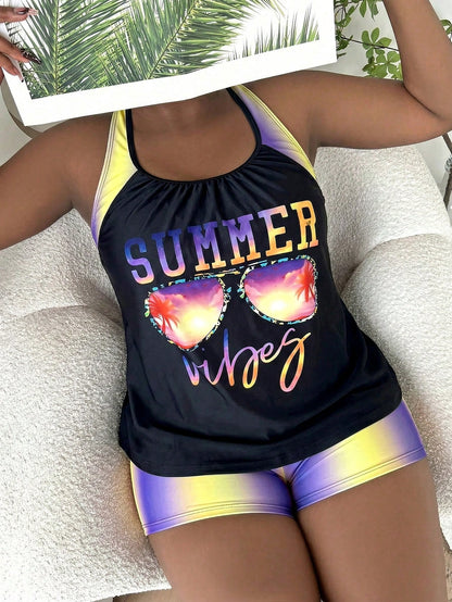 Slaydiva Plus Size Women Summer Beach Vacation Ombre Letter Print Crisscross Back Tankinis Swimwear