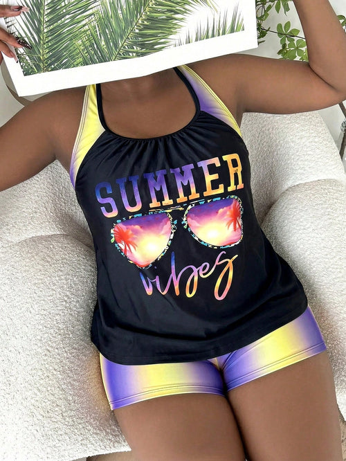 Slaydiva Plus Size Women Summer Beach Vacation Ombre Letter Print Crisscross Back Tankinis Swimwear