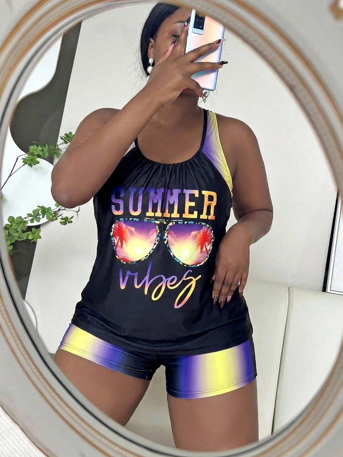 Slaydiva Plus Size Women Summer Beach Vacation Ombre Letter Print Crisscross Back Tankinis Swimwear
