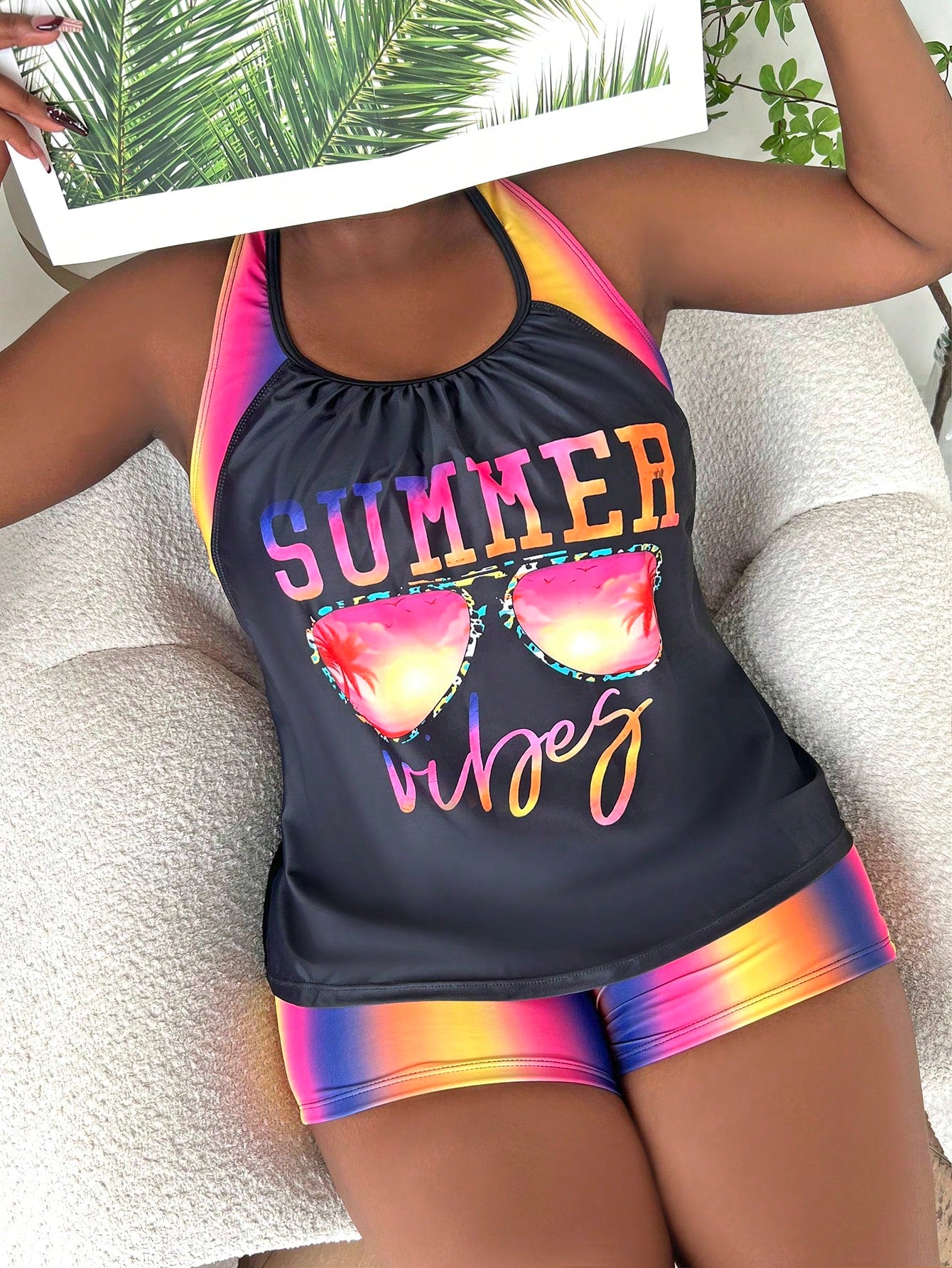 Slaydiva Plus Size Women Summer Beach Vacation Ombre Letter Print Crisscross Back Tankinis Swimwear