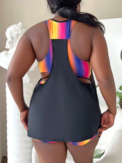 Slaydiva Plus Size Women Summer Beach Vacation Ombre Letter Print Crisscross Back Tankinis Swimwear