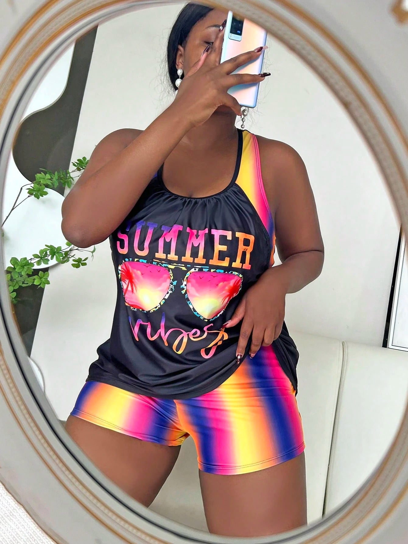 Slaydiva Plus Size Women Summer Beach Vacation Ombre Letter Print Crisscross Back Tankinis Swimwear
