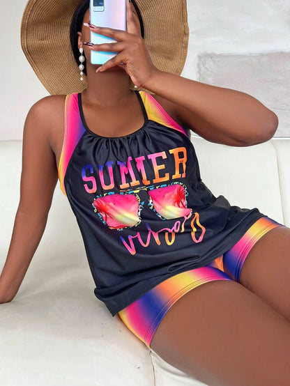 Slaydiva Plus Size Women Summer Beach Vacation Ombre Letter Print Crisscross Back Tankinis Swimwear