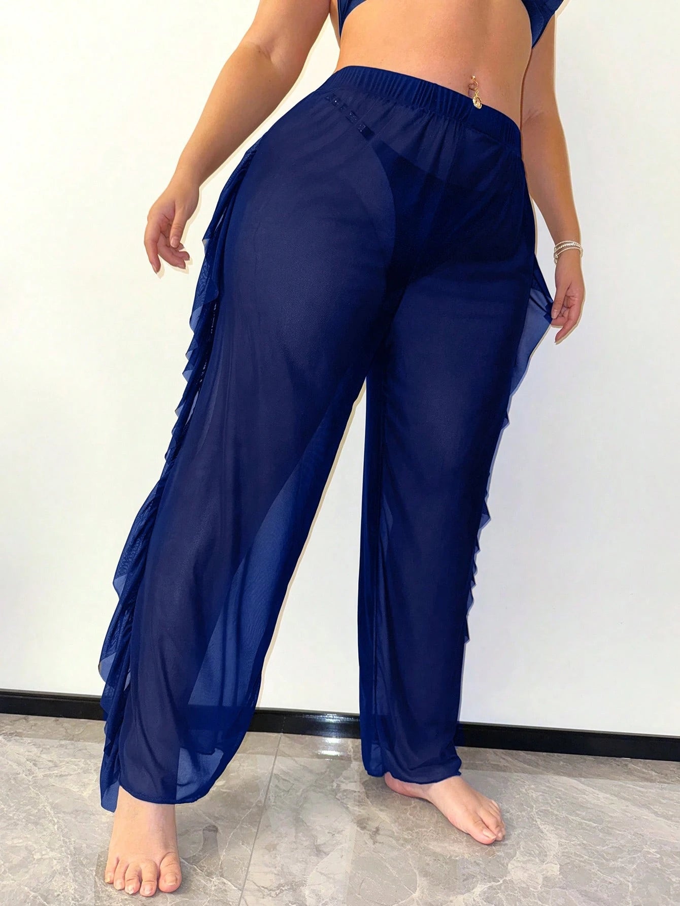 Slaydiva Ruffled Hem Solid Color Plus Size Women Cover Up & Pants Set