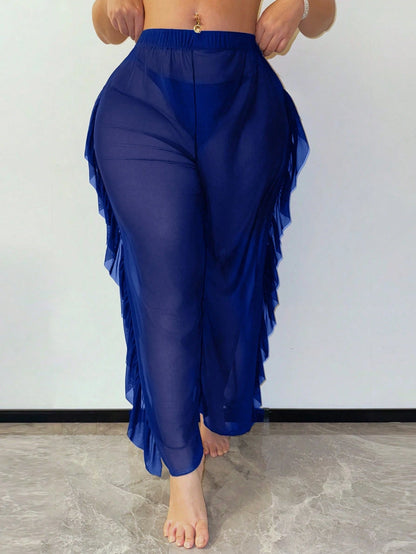 Slaydiva Ruffled Hem Solid Color Plus Size Women Cover Up & Pants Set
