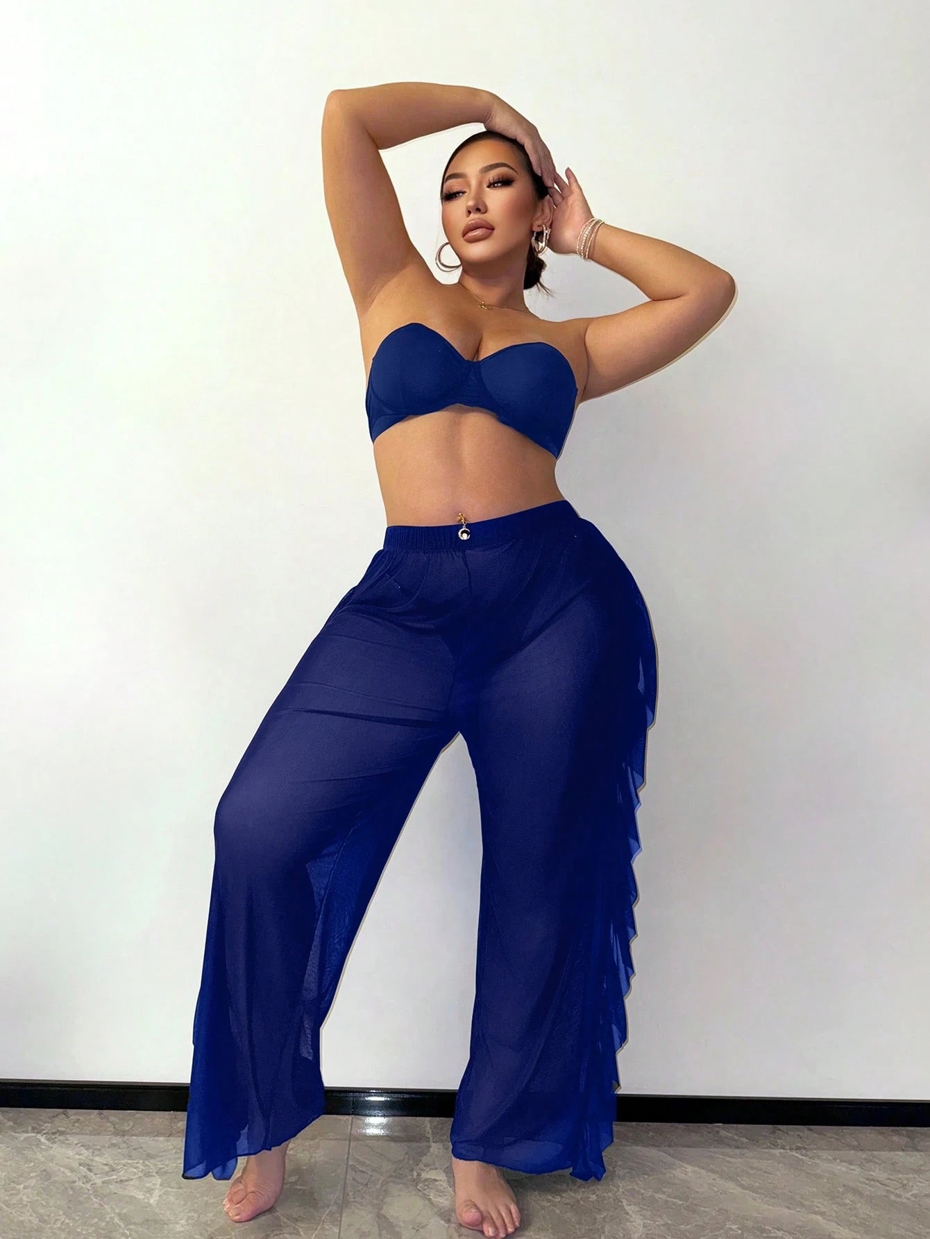 Slaydiva Ruffled Hem Solid Color Plus Size Women Cover Up & Pants Set
