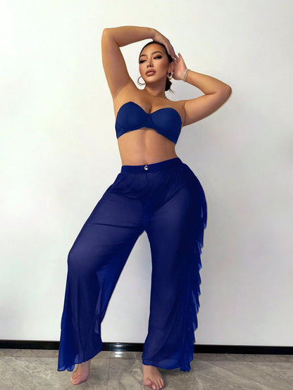 Slaydiva Ruffled Hem Solid Color Plus Size Women Cover Up & Pants Set