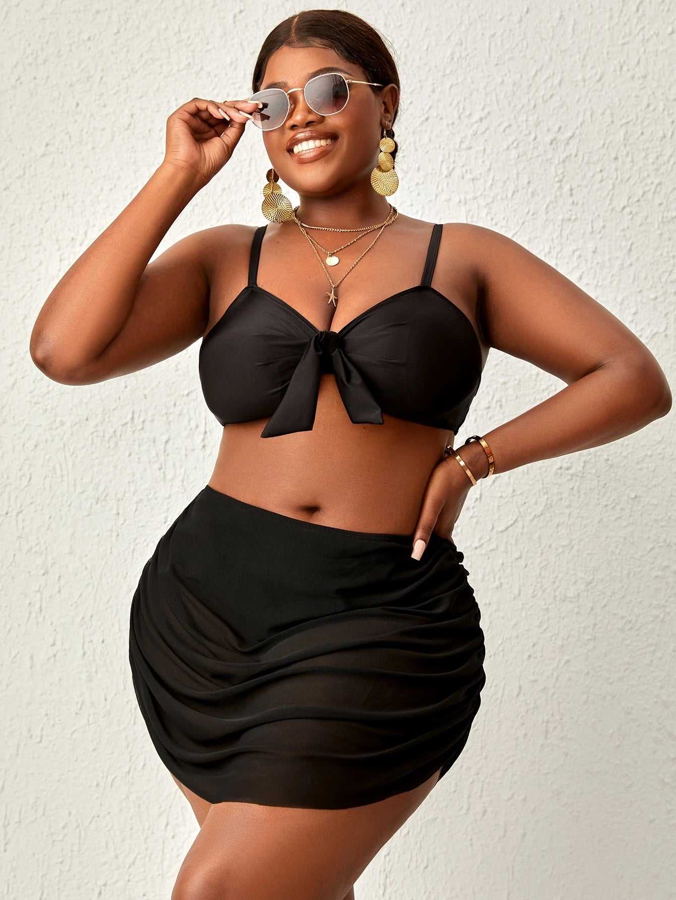Slaydiva Summer Beach Plus Ruched Side Mesh Overlay Bikini Bottom