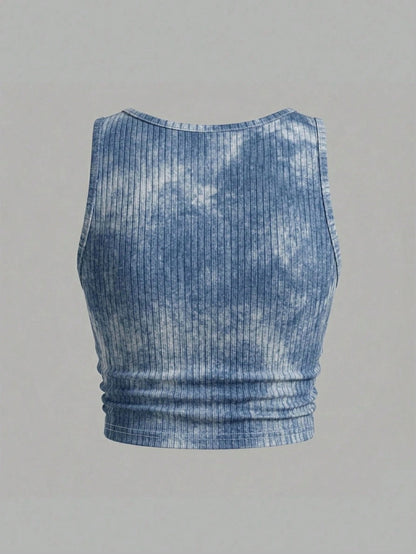 Slaydiva Textured Tie-Dye Print Plus Size Tank Top, Casual Minimalist Suitable For Music Festivals And Parties