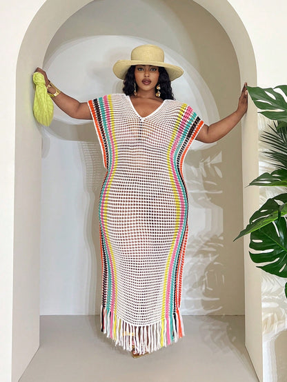 Slaydiva White Summer Boho Beach Party Holiday Women's Lightweight Knit Crochet Cover Up,Tropical Vacation Fairycore Rave Festival Outfit,Western Plus Clothes