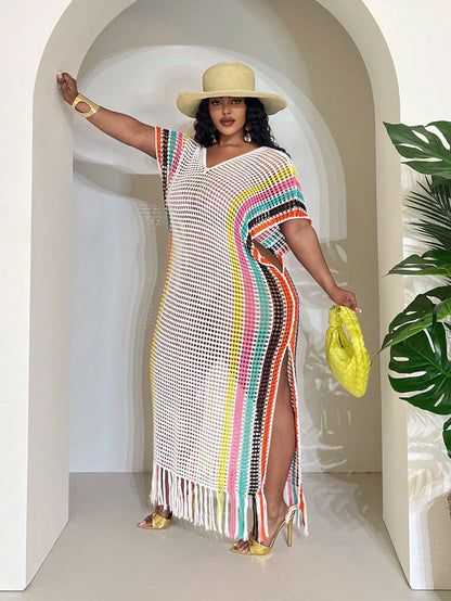 Slaydiva White Summer Boho Beach Party Holiday Women's Lightweight Knit Crochet Cover Up,Tropical Vacation Fairycore Rave Festival Outfit,Western Plus Clothes