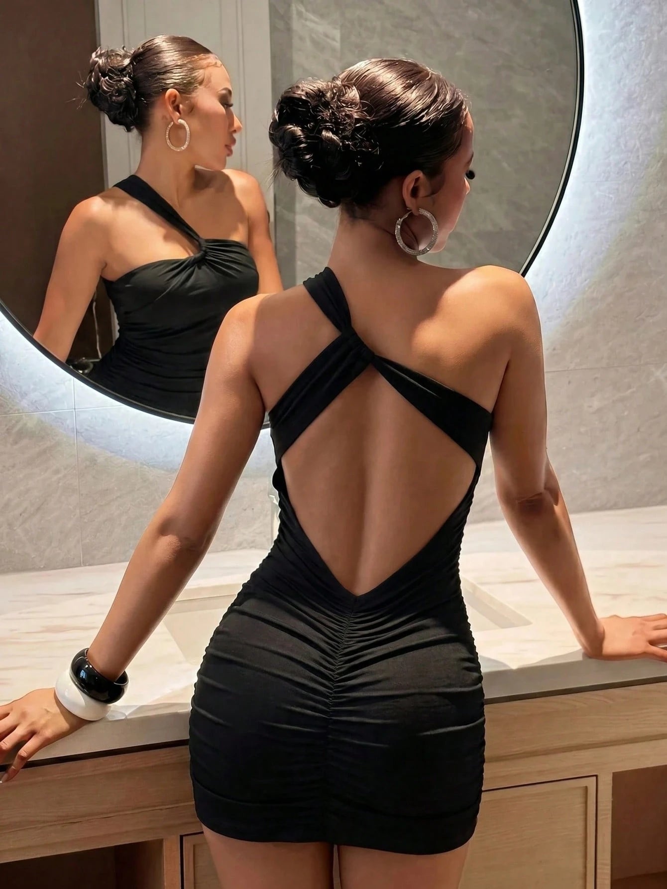 Slaydiva Women's Backless Cross-Shoulder One-Shoulder Twisted Cup Ruffled Brown Bodycon Mini Dress- Sexy And Elegant For Birthday Parties, Dates, Partys, And Nightclubs- A