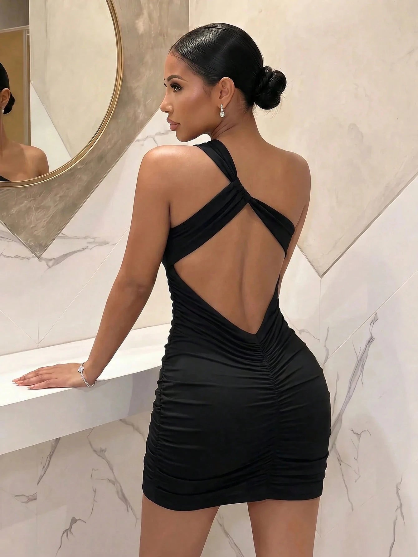 Slaydiva Women's Backless Cross-Shoulder One-Shoulder Twisted Cup Ruffled Brown Bodycon Mini Dress- Sexy And Elegant For Birthday Parties, Dates, Partys, And Nightclubs- A