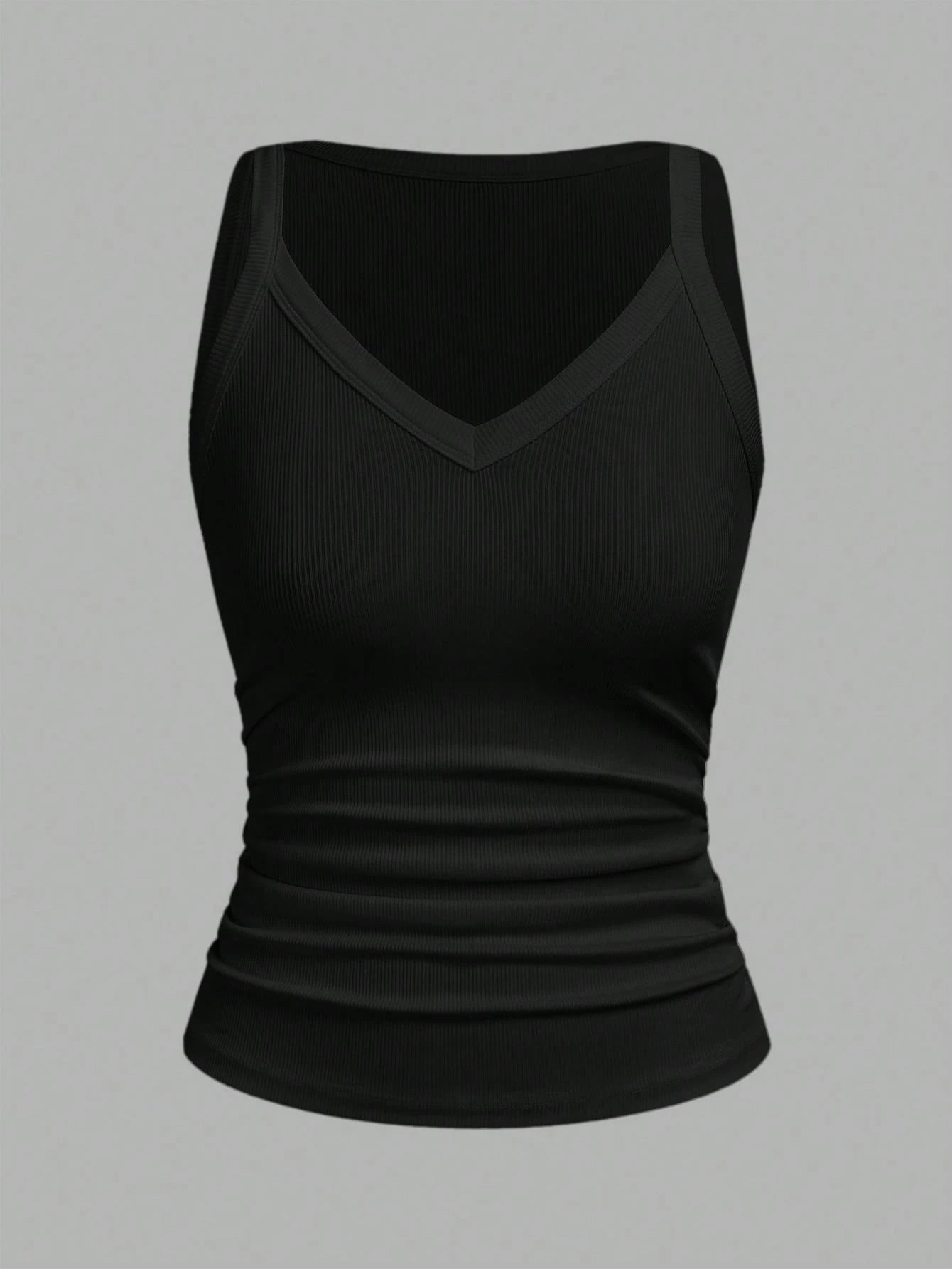 Slaydiva Women's Black Summer Casual Everyday Tank Top,Basic Versatile Solid Ribbed V-Neck Racerback Gathered Vest For Yoga,Sports,Beach,Party,Vacation Outfits