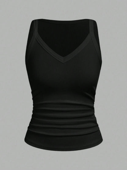 Slaydiva Women's Black Summer Casual Everyday Tank Top,Basic Versatile Solid Ribbed V-Neck Racerback Gathered Vest For Yoga,Sports,Beach,Party,Vacation Outfits