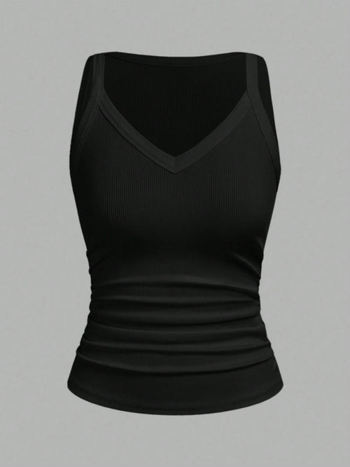 Slaydiva Women's Black Summer Casual Everyday Tank Top,Basic Versatile Solid Ribbed V-Neck Racerback Gathered Vest For Yoga,Sports,Beach,Party,Vacation Outfits
