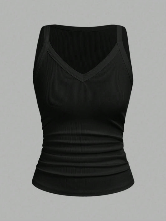 Slaydiva Women's Black Summer Casual Everyday Tank Top,Basic Versatile Solid Ribbed V-Neck Racerback Gathered Vest For Yoga,Sports,Beach,Party,Vacation Outfits