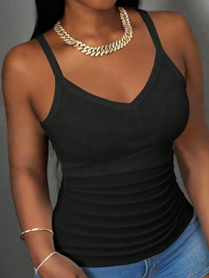 Slaydiva Women's Black Summer Casual Everyday Tank Top,Basic Versatile Solid Ribbed V-Neck Racerback Gathered Vest For Yoga,Sports,Beach,Party,Vacation Outfits
