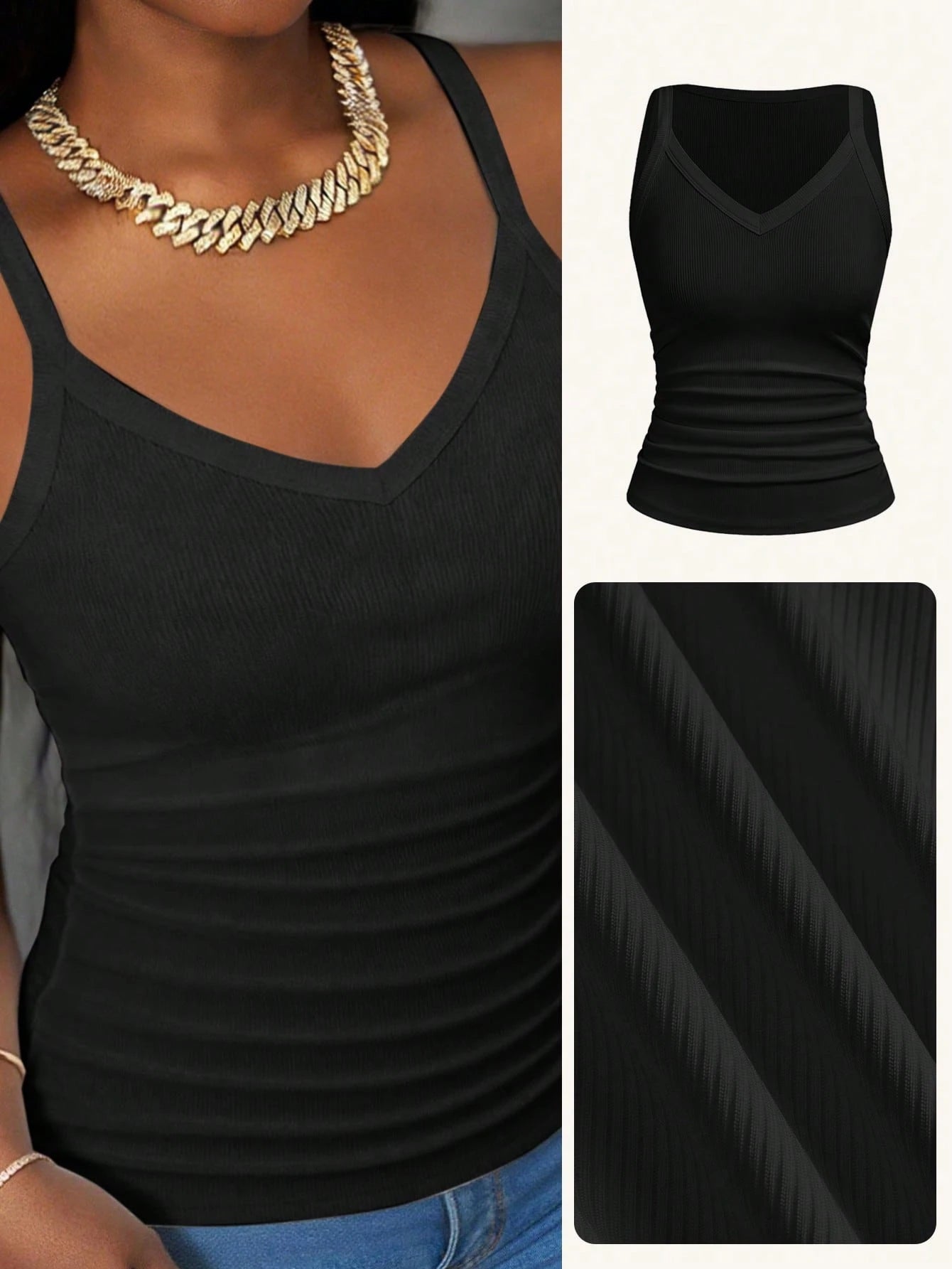Slaydiva Women's Black Summer Casual Everyday Tank Top,Basic Versatile Solid Ribbed V-Neck Racerback Gathered Vest For Yoga,Sports,Beach,Party,Vacation Outfits