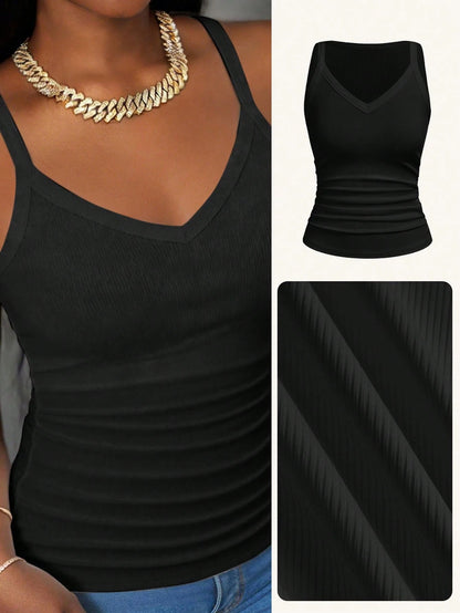 Slaydiva Women's Black Summer Casual Everyday Tank Top,Basic Versatile Solid Ribbed V-Neck Racerback Gathered Vest For Yoga,Sports,Beach,Party,Vacation Outfits