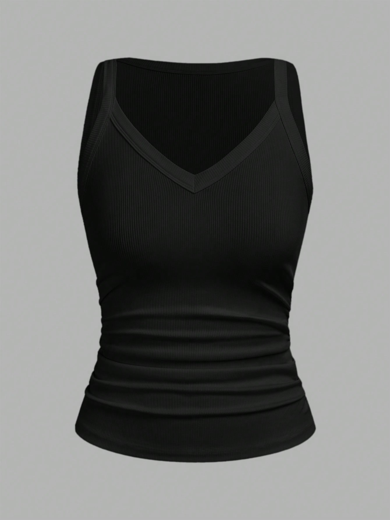 Slaydiva Women's Black Summer Casual Everyday Tank Top,Basic Versatile Solid Ribbed V-Neck Racerback Gathered Vest For Yoga,Sports,Beach,Party,Vacation Outfits