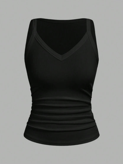 Slaydiva Women's Black Summer Casual Everyday Tank Top,Basic Versatile Solid Ribbed V-Neck Racerback Gathered Vest For Yoga,Sports,Beach,Party,Vacation Outfits
