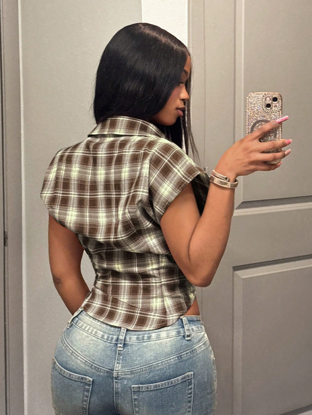Slaydiva Women's Brown Plaid Summer Club Night Shirt,Y2K Retro Polo Collar V-Neck Open Lapel V-Hem Checkered Top,Music Festival Party Vacation