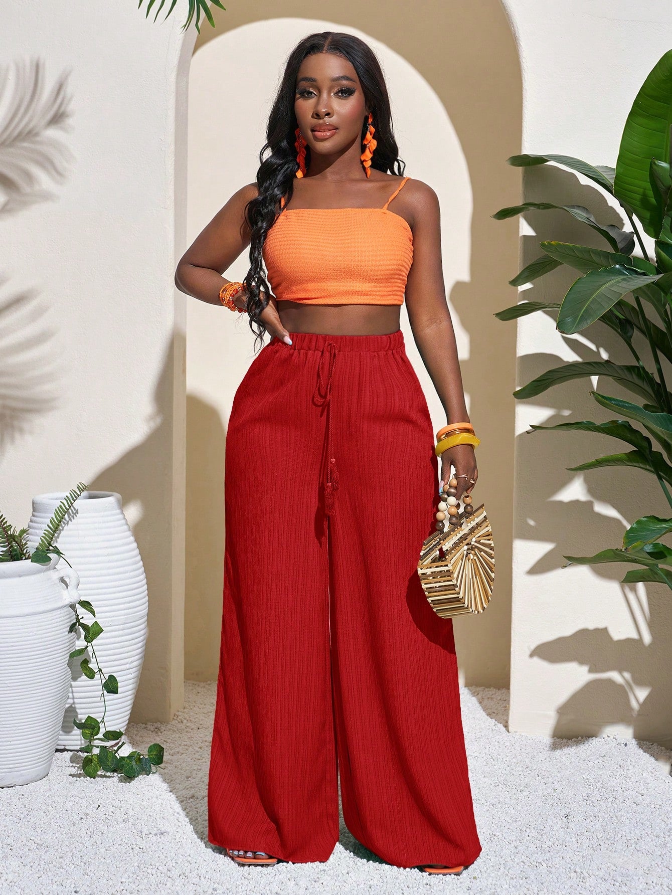 Slaydiva Women's Full Length Geometric Green Casual Vacation Wide Leg Pants