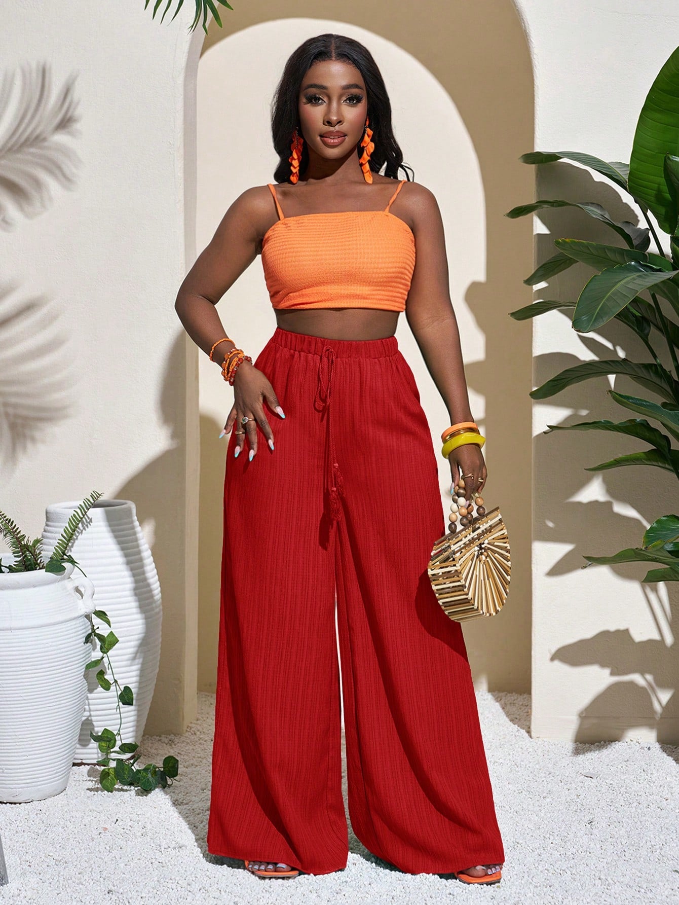 Slaydiva Women's Full Length Geometric Green Casual Vacation Wide Leg Pants