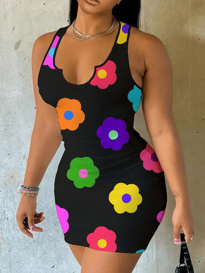 Slaydiva Women's Notched Neck Sleeveless Black Floral Floral Pattern Casual Sexy Summer Mini Dress Xs Y2k Wow Club Night Out