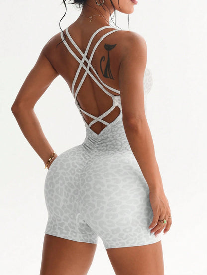 Slayform Slayform 1pc Women's Sexy Deep V-Neck Backless Double Cross Back V-Waist Running Fitness Workout Yoga Dance Gymnastics Camisole 3/4 Shorts Sports Jumpsuit